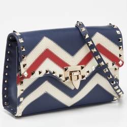 Pre Owned Valentino Multicolor Chevron Leather and Canvas Rockstud Crossbody Bag
