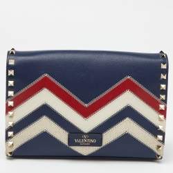 Pre Owned Valentino Multicolor Chevron Leather and Canvas Rockstud Crossbody Bag