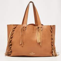 Pre Owned Valentino Brown Pebbled Leather Fringe C-Rockee Tote