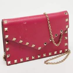 Pre Owned Valentino Pink Leather Rockstud Envelope Wallet on Chain