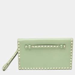 Pre Owned Valentino Lime Green Leather Rockstud Wristlet Clutch