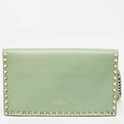 Pre Owned Valentino Lime Green Leather Rockstud Wristlet Clutch