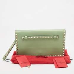Pre Owned Valentino Lime Green Leather Rockstud Wristlet Clutch