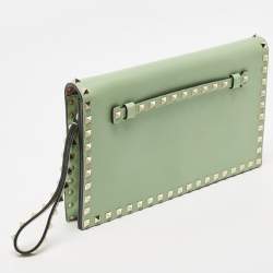 Pre Owned Valentino Lime Green Leather Rockstud Wristlet Clutch