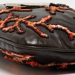 Valentino Choco Brown Leather Embroidered Crystal Catch Baguette