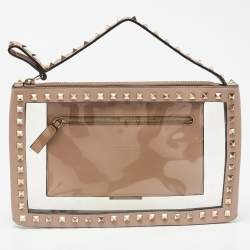 Valentino Pink/Transparent Leather and PVC Rockstud Clutch