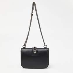 Pre Owned Valentino Black Leather Small Glam Lock Crossbody Bag