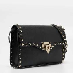 Pre Owned Valentino Black Leather Rockstud Flap Crossbody Bag