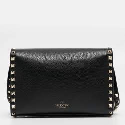 Pre Owned Valentino Black Leather Rockstud Flap Crossbody Bag