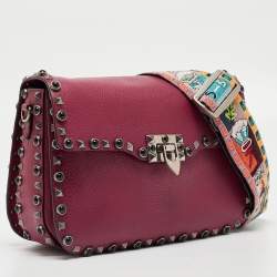 Pre Owned Valentino Magenta Leather Guitar Rolling Rockstud Shoulder Bag