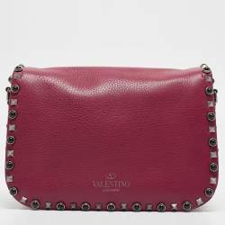 Pre Owned Valentino Magenta Leather Guitar Rolling Rockstud Shoulder Bag