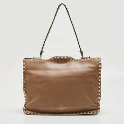 Valentino Beige Leather Rockstud Slim Top Handle Bag