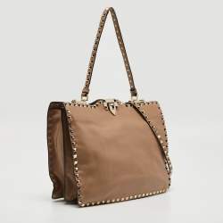 Valentino Beige Leather Rockstud Slim Top Handle Bag