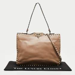 Valentino Beige Leather Rockstud Slim Top Handle Bag