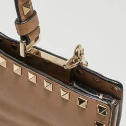 Valentino Beige Leather Rockstud Slim Top Handle Bag