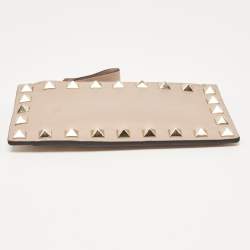 Pre Owned Valentino Poudre Pink Leather Rockstud Zip Card Case