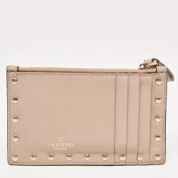 Pre Owned Valentino Poudre Pink Leather Rockstud Zip Card Case