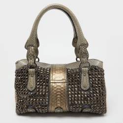 Pre Owned Valentino Grey/Gold Python Crystal Embellished Catch Tote
