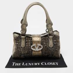 Pre Owned Valentino Grey/Gold Python Crystal Embellished Catch Tote