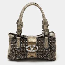 Pre Owned Valentino Grey/Gold Python Crystal Embellished Catch Tote