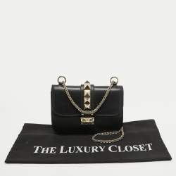 Pre Owned Valentino Black Leather Small Rockstud Glam Lock Flap Bag