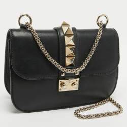 Pre Owned Valentino Black Leather Small Rockstud Glam Lock Flap Bag