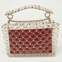 Pre Owned Valentino Transparent /Red PVC Medium Rockstud Spike Top Handle Bag