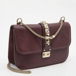 Pre Owned Valentino Burgundy Leather Medium Rockstud Glam Lock Flap Bag