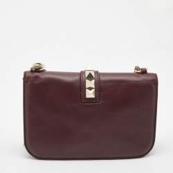 Pre Owned Valentino Burgundy Leather Medium Rockstud Glam Lock Flap Bag