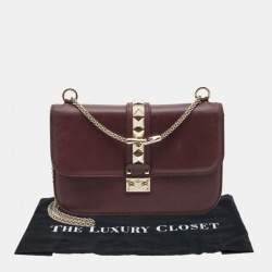 Pre Owned Valentino Burgundy Leather Medium Rockstud Glam Lock Flap Bag