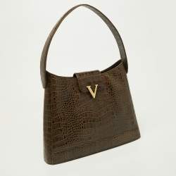 Pre Owned Valentino Olive Green Croc Embossed Leather Hobo