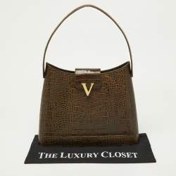Pre Owned Valentino Olive Green Croc Embossed Leather Hobo
