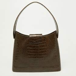 Pre Owned Valentino Olive Green Croc Embossed Leather Hobo