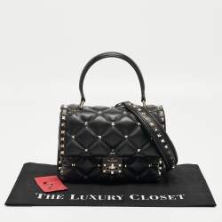Pre Owned Valentino Black Quilted Leather Medium Candystud Top Handle Bag
