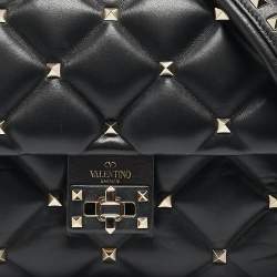 Pre Owned Valentino Black Quilted Leather Medium Candystud Top Handle Bag