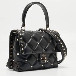 Pre Owned Valentino Black Quilted Leather Medium Candystud Top Handle Bag