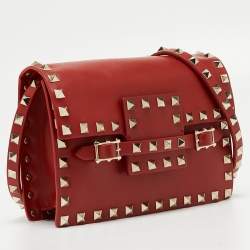 Pre Owned Valentino Red Leather Rockstud Buckled Crossbody Bag
