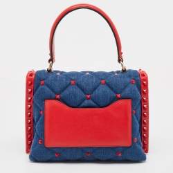 Pre Owned Valentino Blue/Red Denim and Leather Candystud Top Handle Bag