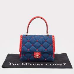 Pre Owned Valentino Blue/Red Denim and Leather Candystud Top Handle Bag