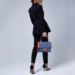 Pre Owned Valentino Blue/Red Denim and Leather Candystud Top Handle Bag