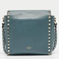 Valentino Blue Leather Rockstud Flip Lock Flap Messenger Bag