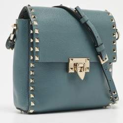 Valentino Blue Leather Rockstud Flip Lock Flap Messenger Bag