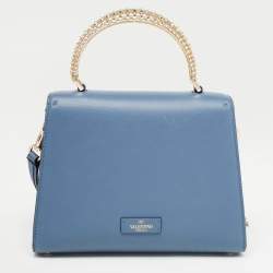 Pre Owned Valentino Light Blue Leather Small Jewel Embellished VSling Top Handle Bag