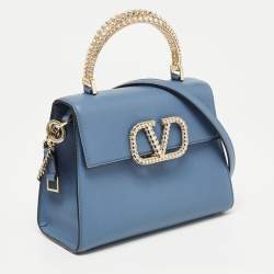 Pre Owned Valentino Light Blue Leather Small Jewel Embellished VSling Top Handle Bag