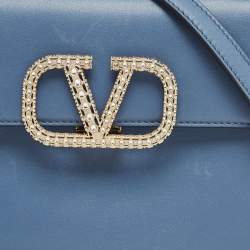 Pre Owned Valentino Light Blue Leather Small Jewel Embellished VSling Top Handle Bag