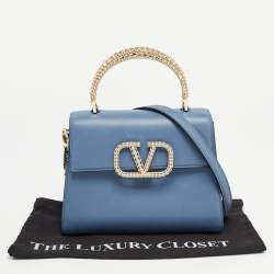 Pre Owned Valentino Light Blue Leather Small Jewel Embellished VSling Top Handle Bag