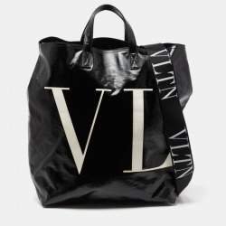 Pre Owned Valentino Black/White Coated Canvas VLTN Shopper Tote