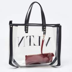 Pre Owned Valenitno Transparent/Black PVC and Leather VLTN Shopper Tote