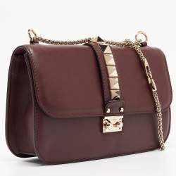 Pre Owned Valentino Burgundy Leather Medium Rockstud Glam Lock Flap Bag