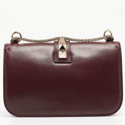 Pre Owned Valentino Burgundy Leather Medium Rockstud Glam Lock Flap Bag